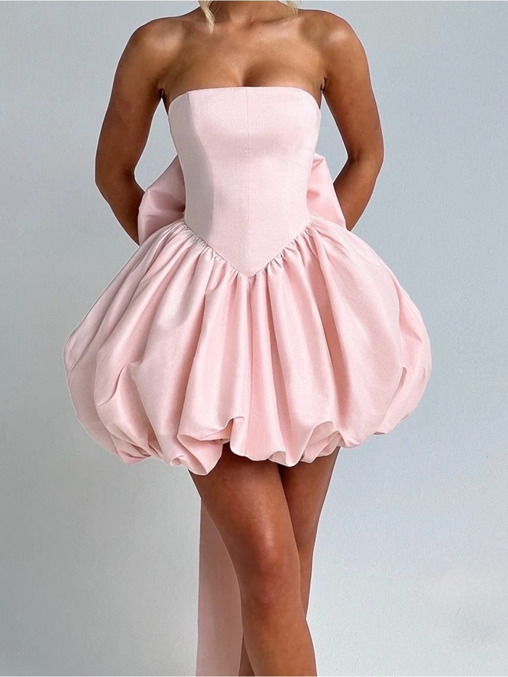 Strapless Pink Bubble-Hem Mini Dress with Back Drape - Picture 3 of 4